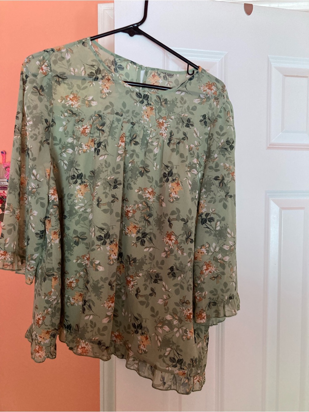 Allegra K Sage Green Floral Ruffle Hem Blouse